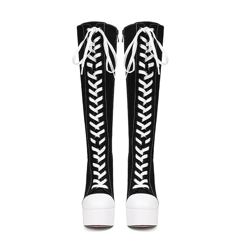 Fashion Women's new pointed, thick bottomed waterproof platform high-heeled, plus size lace up and knee high tube fashionable boots