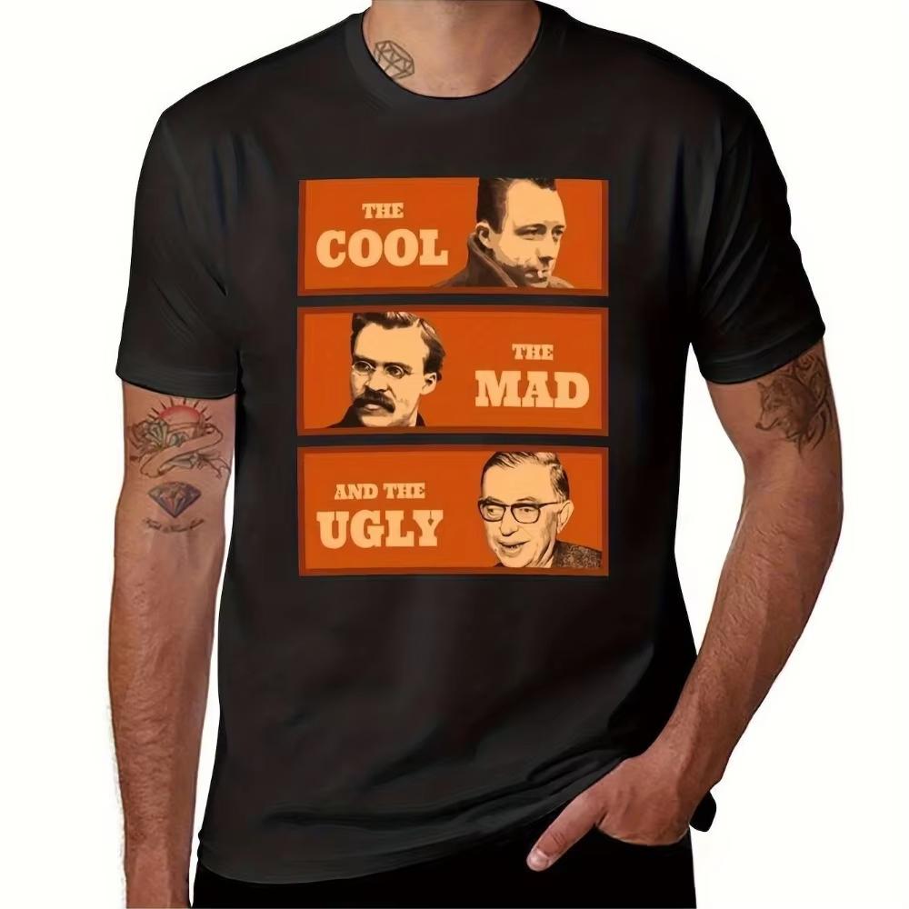 SpringSummer Mens Heavyweight Camus Nietzsche Sartre Pattern Tshirt Black with Orange Geometric Philosophy Design XL