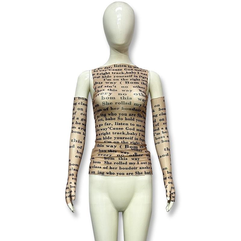 Tooxika Women's Round Neck Pullover Mesh Letter Print Sexy See-through T-shirt