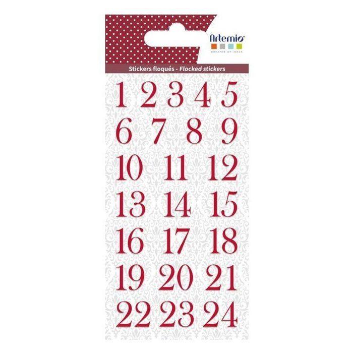 3 planches d'autocollants chiffres floqués rouges pour Calendrier de l'Avent