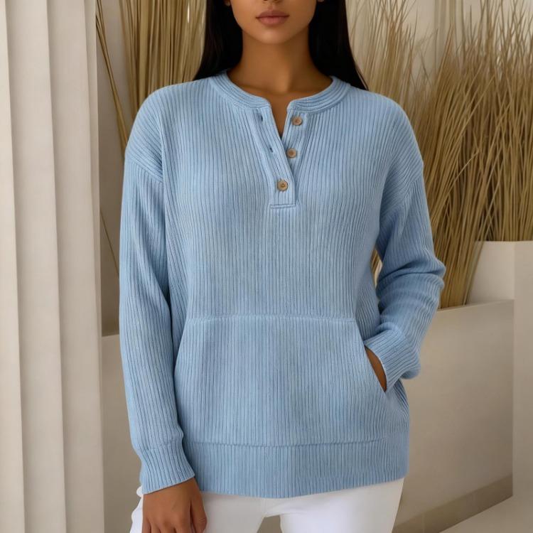 

Fashionable Women Pullover Top Solid Color Long Sleeved V Neck Button Pocket Casual XXL синій