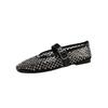 Fashion Luxury Crystal Rhinestone Fishnet Ballet Flats Woman Brand Design Rivet Mesh Mary Jane Shoes Ladies Summer Loafers Plus Size 40