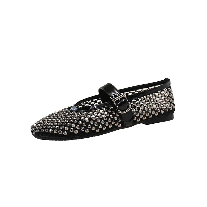 Fashion Luxury Crystal Rhinestone Fishnet Ballet Flats Woman Brand Design Rivet Mesh Mary Jane Shoes Ladies Summer Loafers Plus Size 40