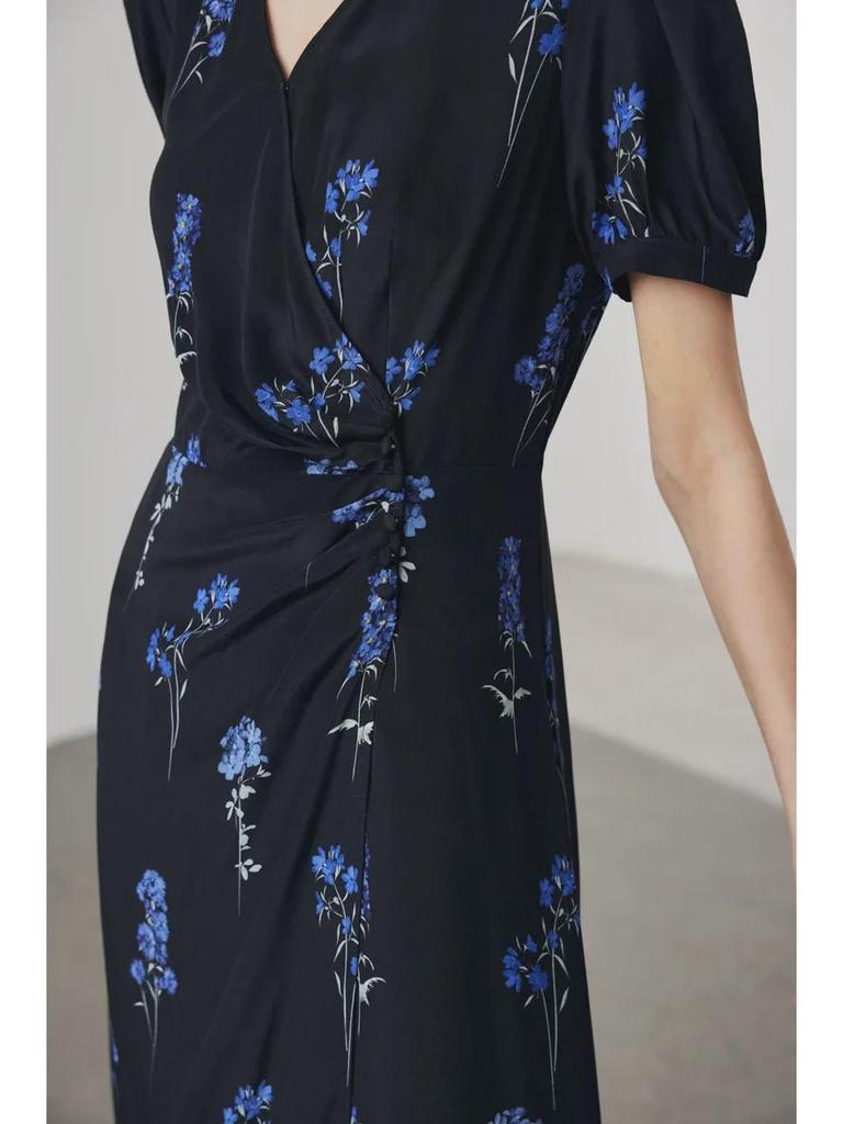Damen V-Ausschnitt Seidenkleid - Frühjahr/Sommer Kollektion 2025, Kurzärmelig, Gefütterter Doppel-Crepe, 100% Maulbeerseide.