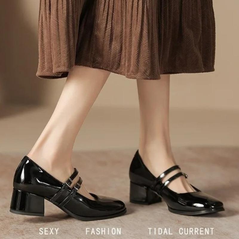 Fashion Women's Shoes Quality Patent Leather Thick Heel Shallow Mouth Single Shoes Mary Jane Shoes Square Toe Design Dress Pumps