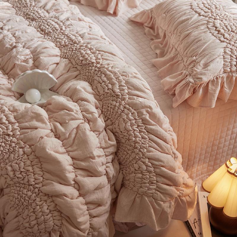 Natural Cotton Quilted Bedspread Bedding Set 4-PC, Princess Ruffled Lace Versatile Duvet Cover Pillowcase 3-PC,Use as Bedspread