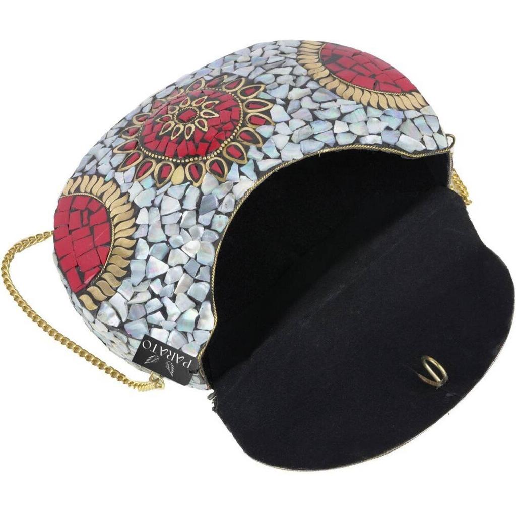 Red Women Sling Bag Handmade Metal Mosaic Bag Decorated with Tiles