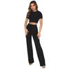 European and American Women's Fashion: Solid Color High-Elastic Shaping Rib-Knit Short-Sleeve Top & Wide-Leg Pants Two-Piece Set.