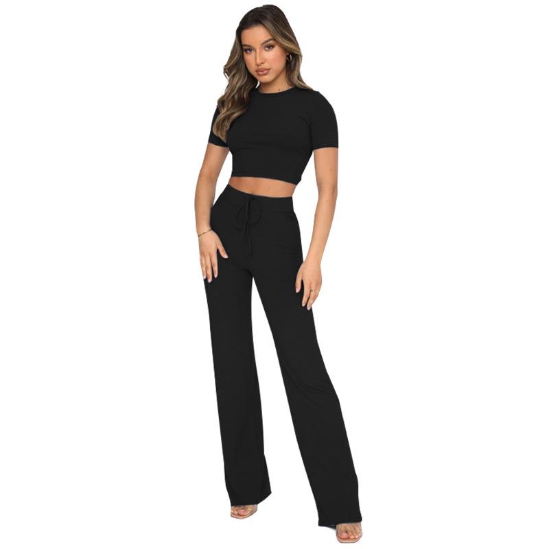 European and American Women's Fashion: Solid Color High-Elastic Shaping Rib-Knit Short-Sleeve Top & Wide-Leg Pants Two-Piece Set.