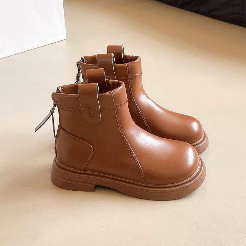 Girls Leather Boots Round-toe Children Chelsea Boots Non-slip Fashion Kids Black Brown Short Boots Simple Anti-Slippery 2024 New