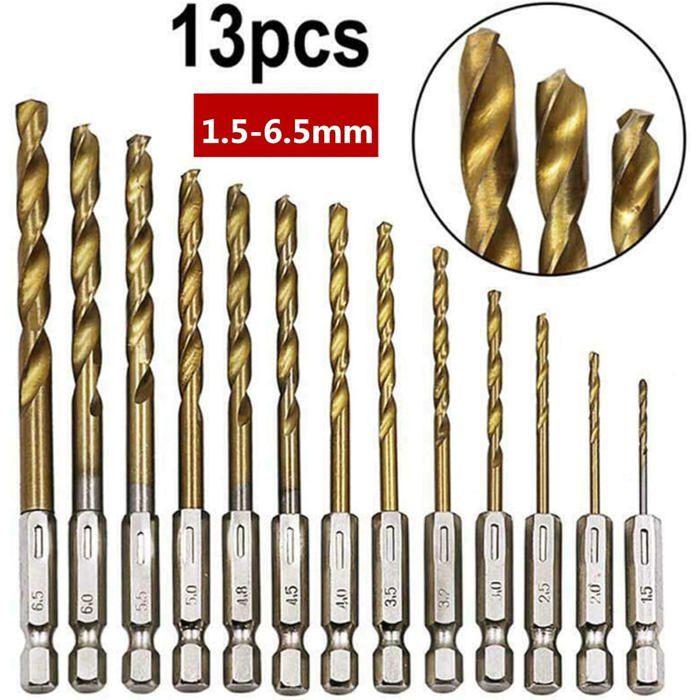 Coffret 13 forets hélicoïdaux - AIMOONSA - HSS 1,5–6,5 mm - TiN - Tige hex. 6,35 mm - Pointe 45°