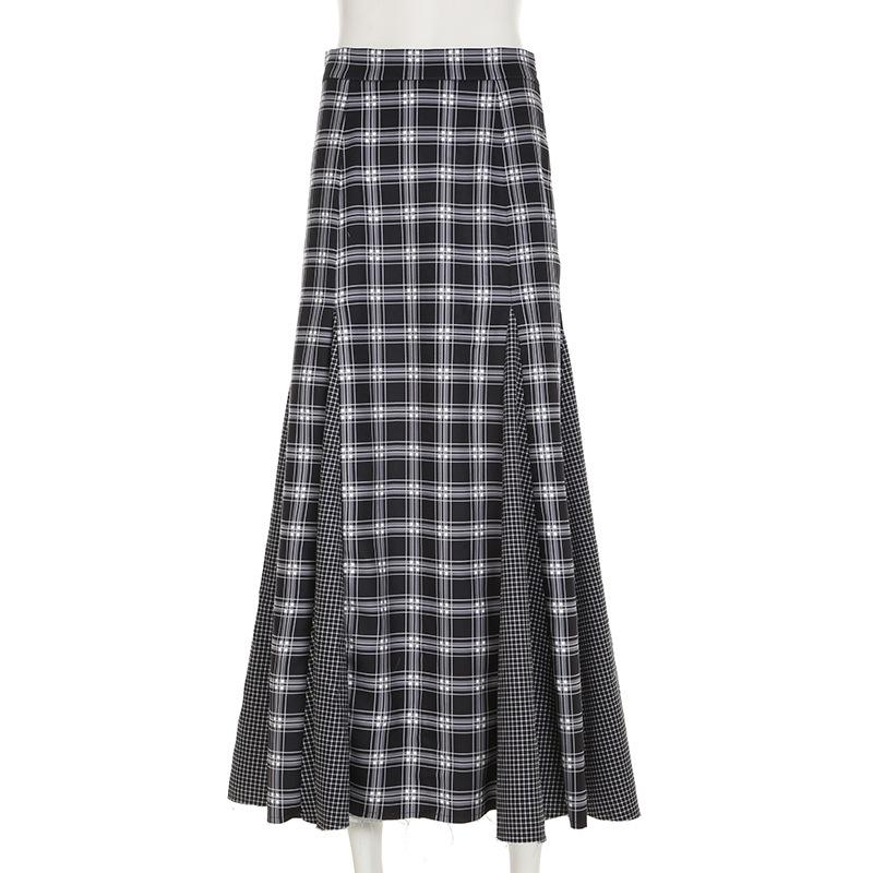 Women's Retro College Style Color Contrast Patchwork Check Low Waist Slimming All Matching Simple Skirt