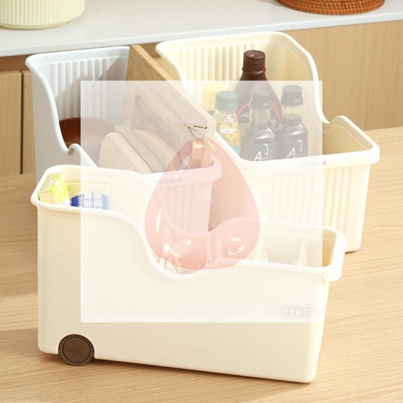 1Pcs Plastic Kitchen Storage Bin With Wheels Open Top Cabinet Organizer For Dishes Bottles