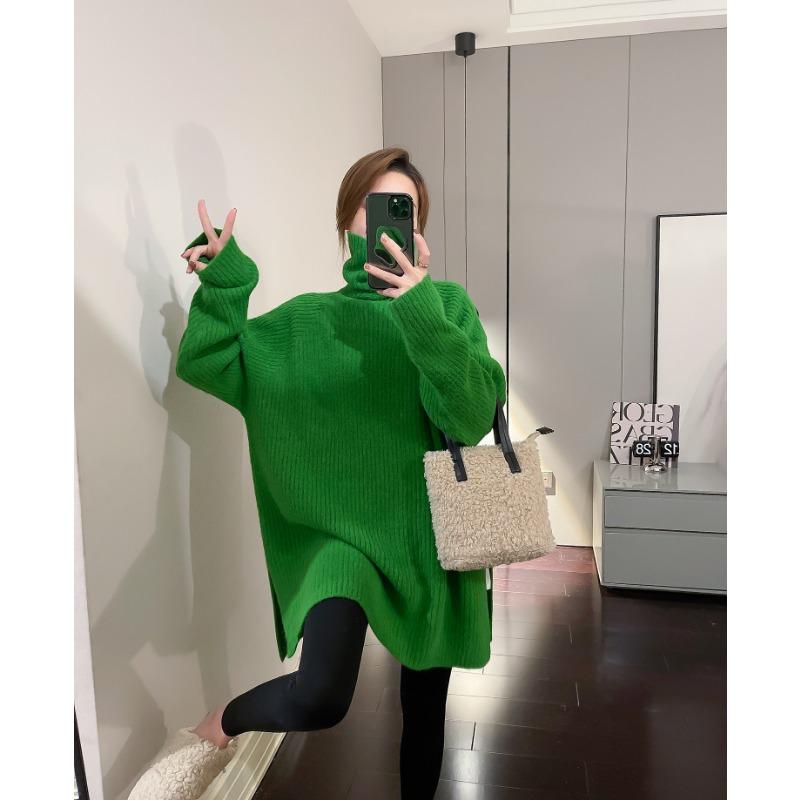 Soft Waxy Turtleneck Lazy Sweater Women's Autumn and Winter New Design Sense Versatile Split Fork Medium and Long Bottoming Top