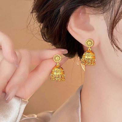 Vintage Gold Color Bell Tassel Drop Earrings for Women Fashion Metal Geometric Hollow Circular Earrings Party Jewelry Gifts