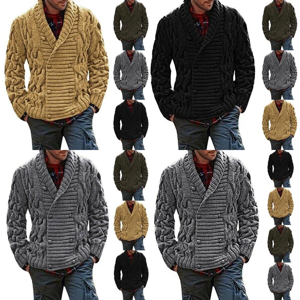 Thick Mens Knitted Shawl Collar Double Breasted Cable Knitwear Cardigan Sweater