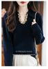 Women's V-Neck Rhinestone Embellished Long Sleeve Polo Collar Sweater