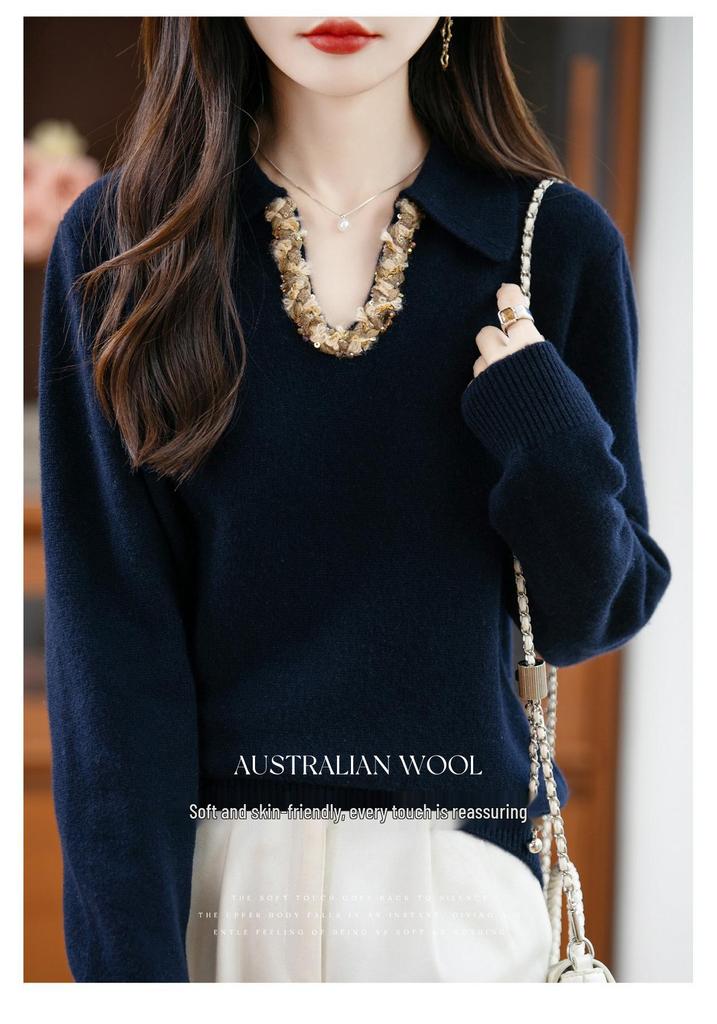 Women's V-Neck Rhinestone Embellished Long Sleeve Polo Collar Sweater