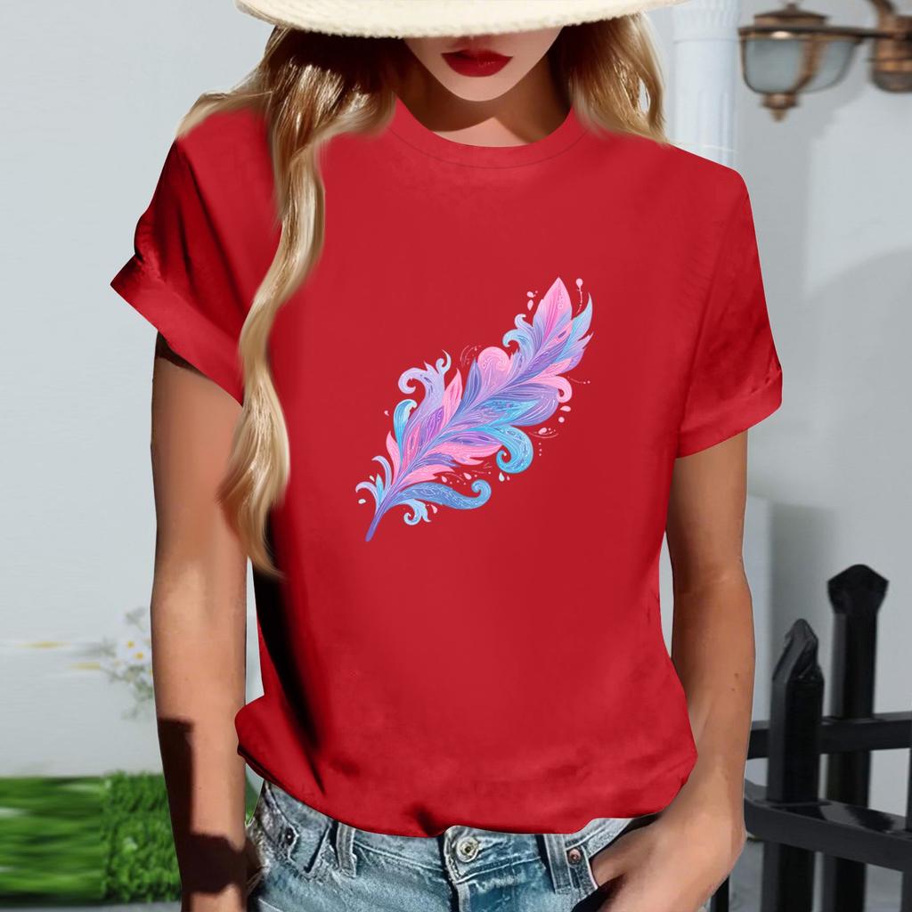 Women's Fashionable Round Neck Casual Retro Print Short Sleeved T-shirt Top