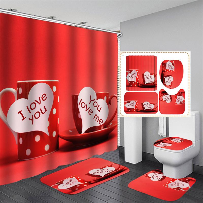 Valentine's Day Bathroom Bathing Waterproof Shower Curtain Home Entrance Doormat Bathtub 4Pcs Set Toilet Seat Cover Rugs Bath Non-Slip Floor Mat Love
