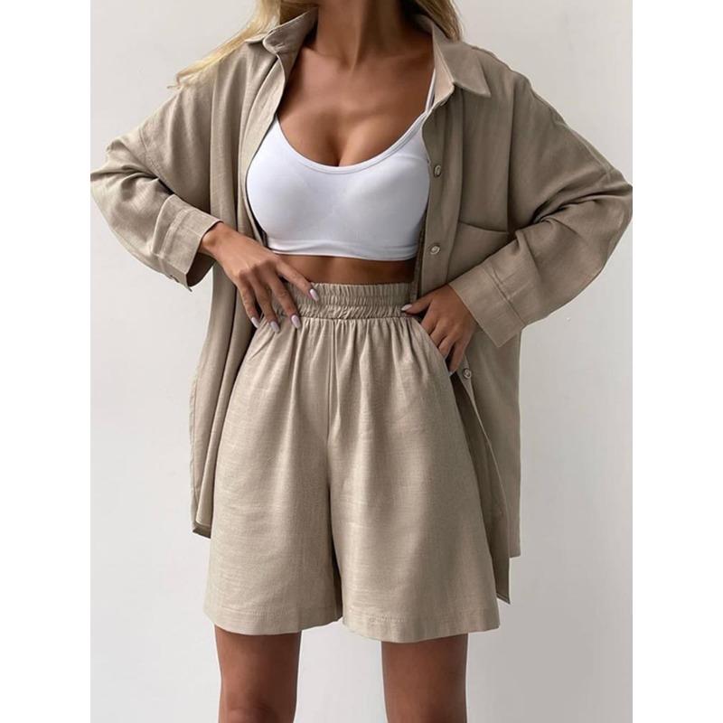Fashion Long Sleeve Shirt and Loose Wide Leg Shorts Sets Women Buttons Spring Autumn Elastic Waist Casual Shorts Suit Outfits Elegant Clothes 1083