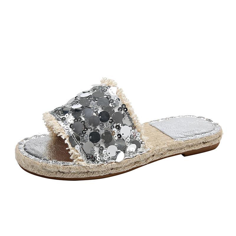 

Fashion Summer Flat Sandals New Style Round Head Open Toe Glitter Cloth Braided Soft Sole Anti-slip Wear-resistant Slippers 35