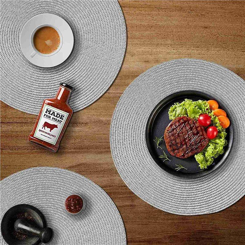 Round Braided Placemats Set Of 12 Table Mats For Dining Tables Woven Washable Non-Slip Place Mats 15 Inch(Light Grey)