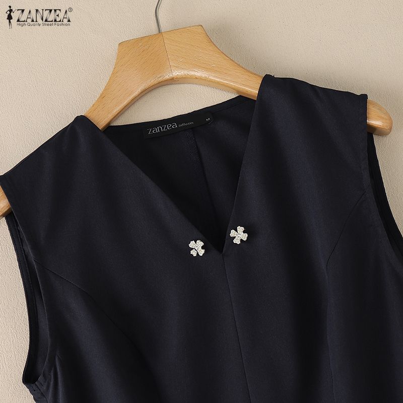 ZANZEA Women Summer V-Neck Solid Color Casual Sleeveless Dress
