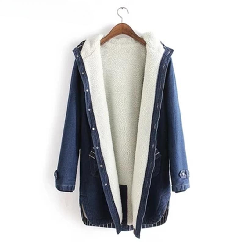 Women's Thick Hooded Mid-length Waist Denim Cotton-padded Jacket Fleece Cotton-padded Jacket