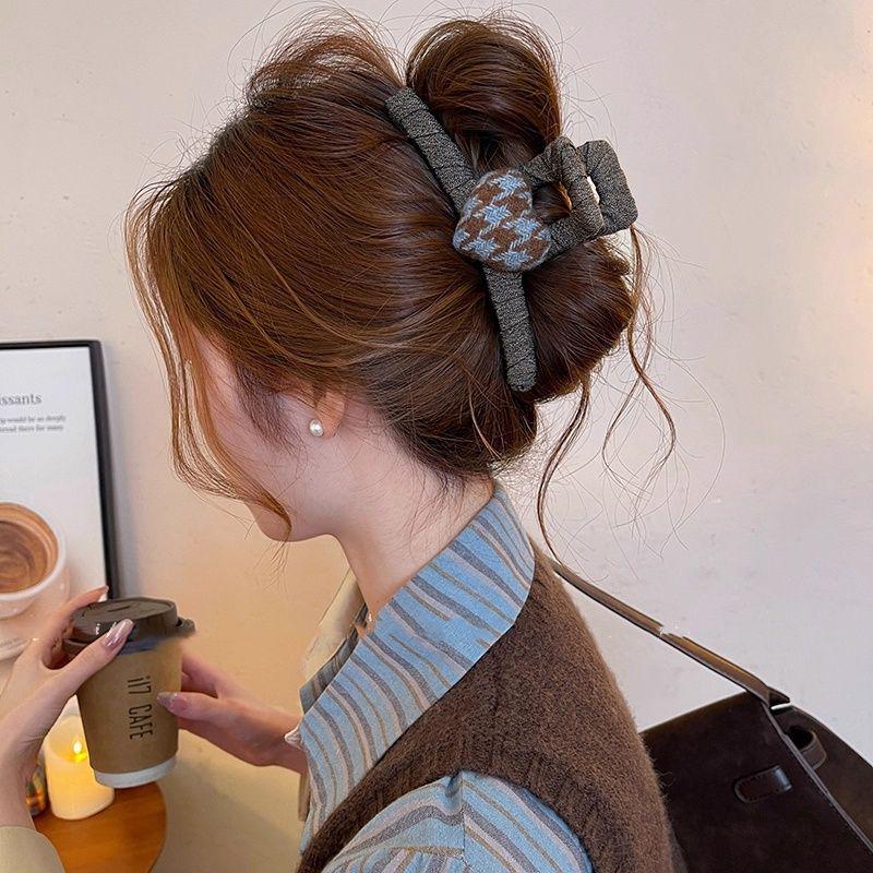 Korean Retro Plaid Heart Hairpin for Thick Hair - Women s 2025 Hair Styling Shark Clip