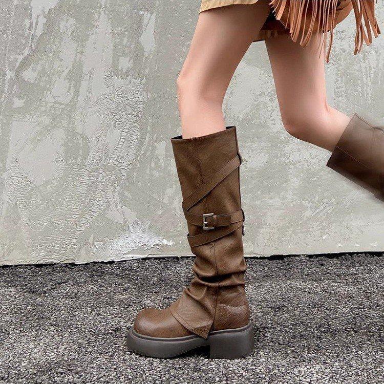 

Wasteland Wind Brown Maillard High Heel Platform Knight Boots Women s Long Boots Wrinkled Tall Pile Long Boots 40 коричневый