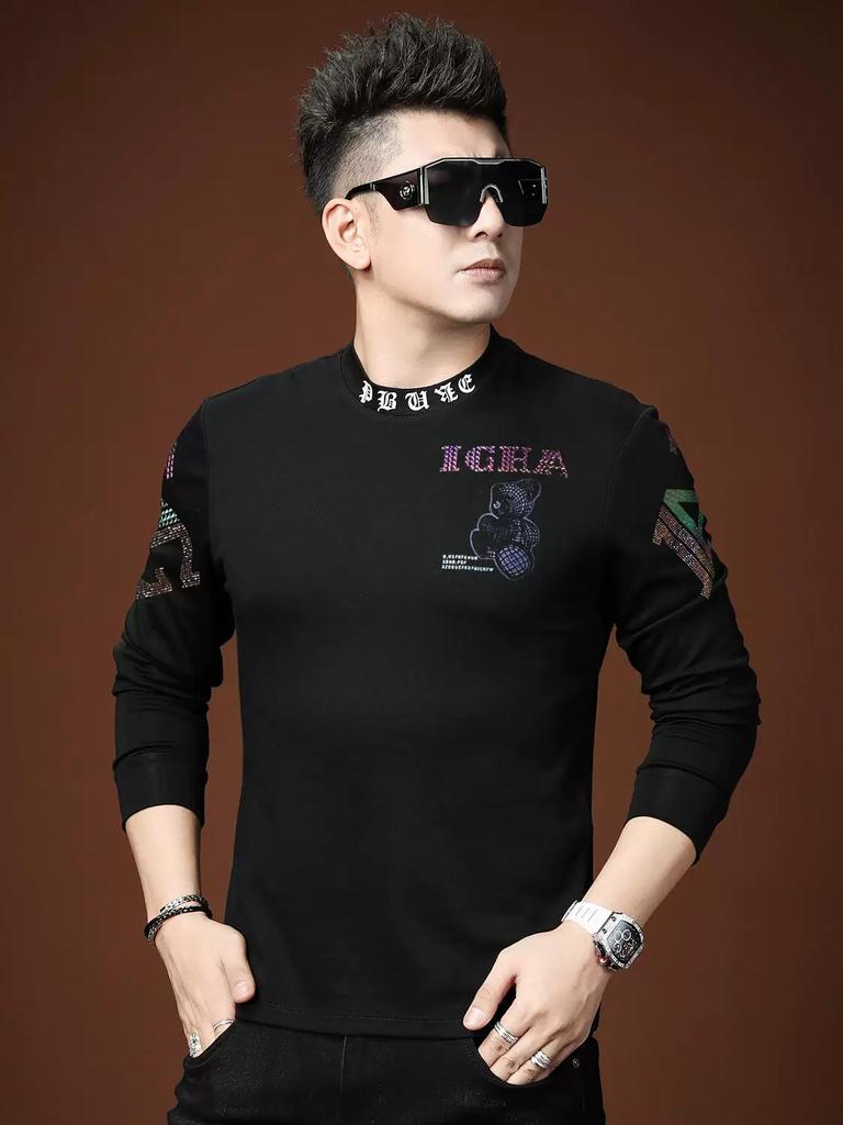 European Style Autumn Half-Turtleneck T-Shirt for Men, Trendy Bear Rhinestone Long-Sleeve Casual Top Men's Tee