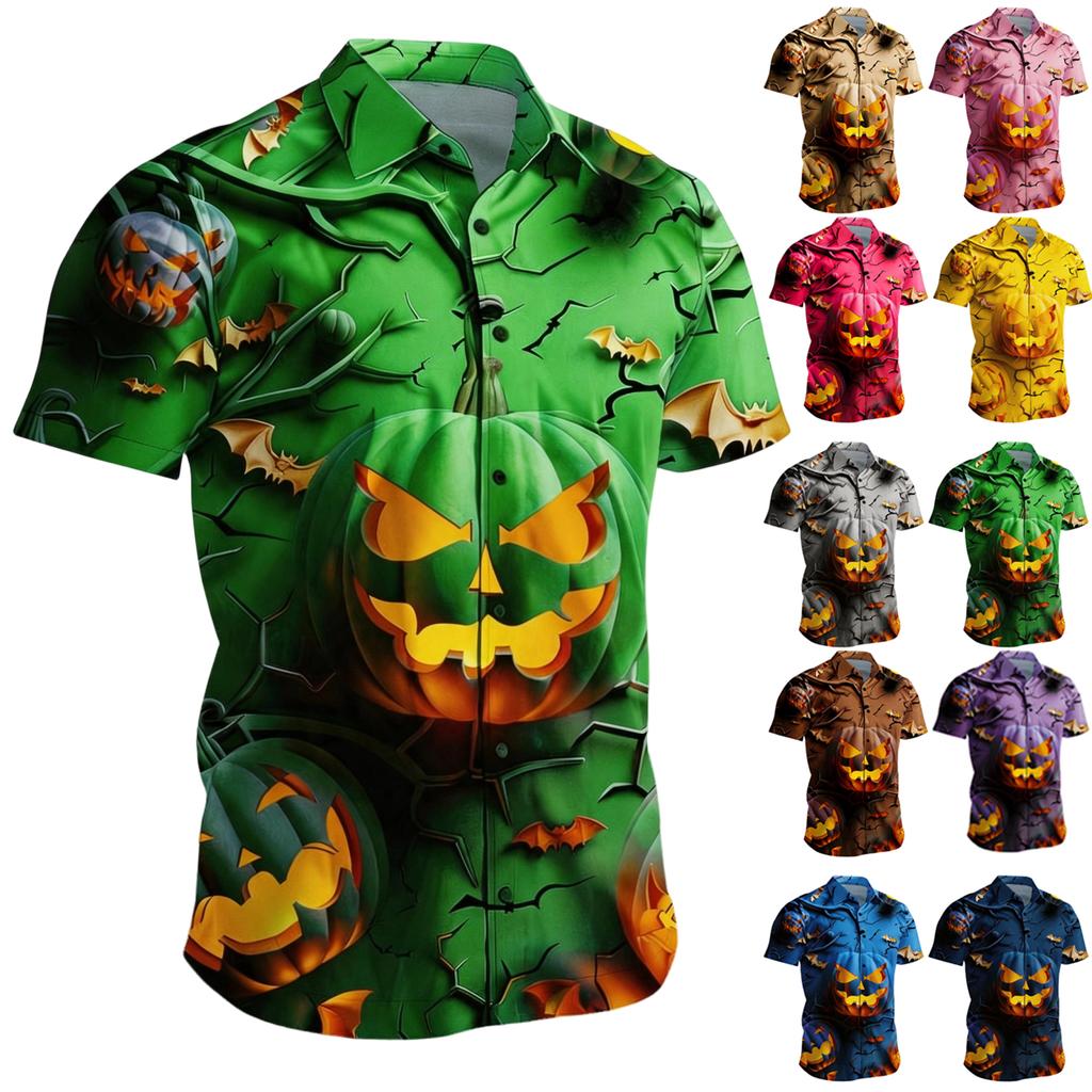 Men's Casual Short Sleeve Halloween Print Open Sleeve Shirt for Costume Parties and Casual Outings