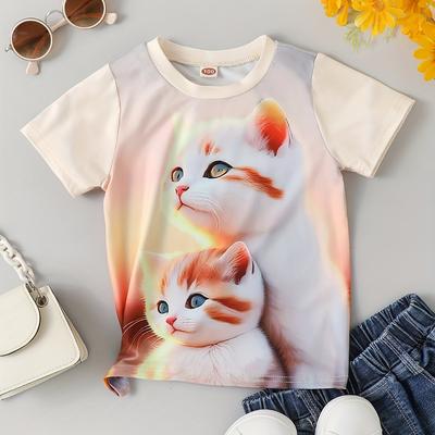 2024 kinder Kleidung Süße Mädchen Cartoon Kätzchen Grafik T Shirts Crew Neck Kurzarm T-Shirt Top für Sommer Kleidung Kind Mädchen