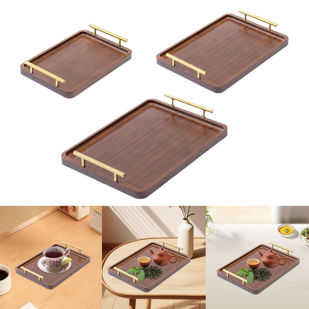 Wood Serving Tray with Metal Handles Wood Plate Tea Tray Snack Tray for Bathroom Table Centerpieces Counter Home Tea Coffee