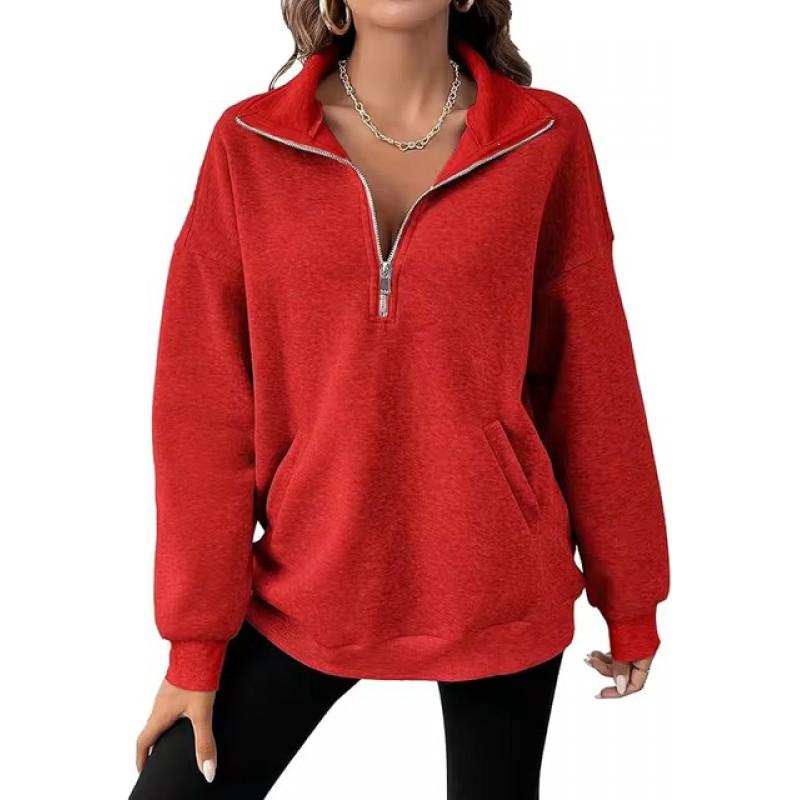 Womens Oversized Long Sleeve Pullover Top With Floral Print Half-Zip Collar Casual Cotton Sweatshirt