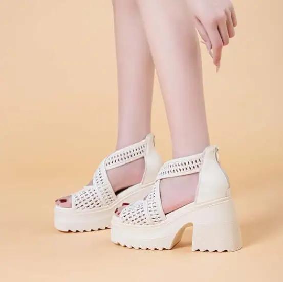 Fashion High Quality 10CM Genuine Leather Peep Toe Shoes Chunky Heels Sandals Pumps Platform Wedge Summer Fashion Ankle Booties Women