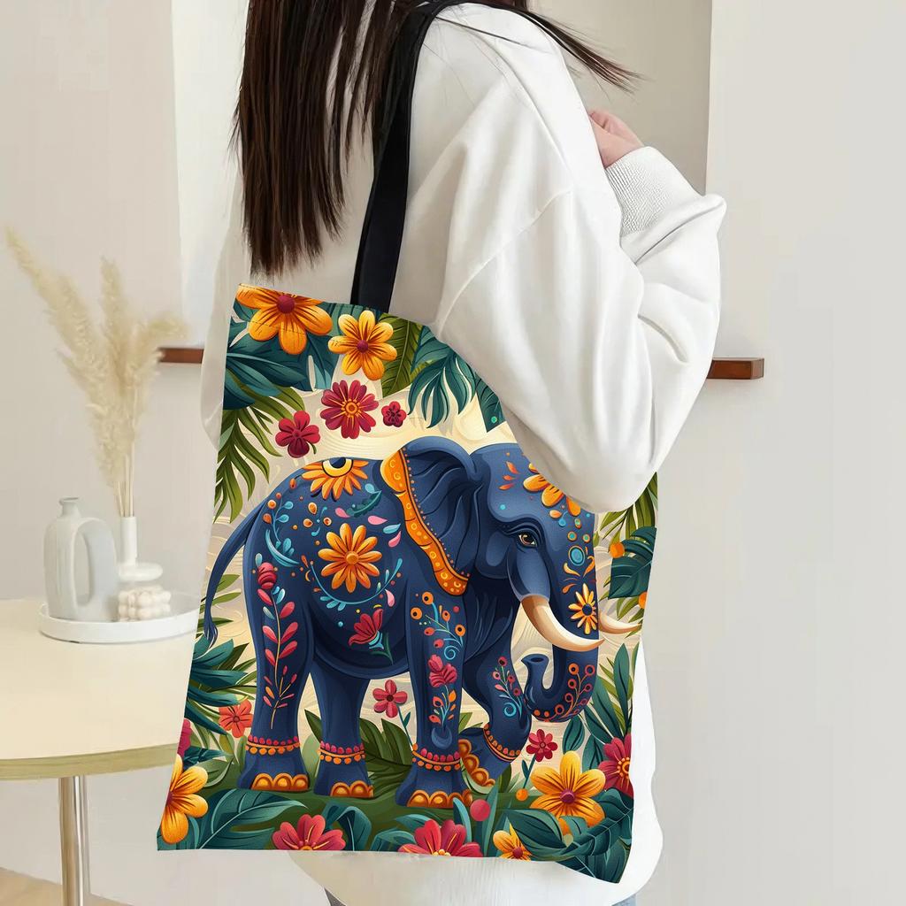 Large Capacity Reusable Elephant Print Tote Bag Bohemia Women Shoulder Handbag Multi-Functional for Daily Use Shopping Bag