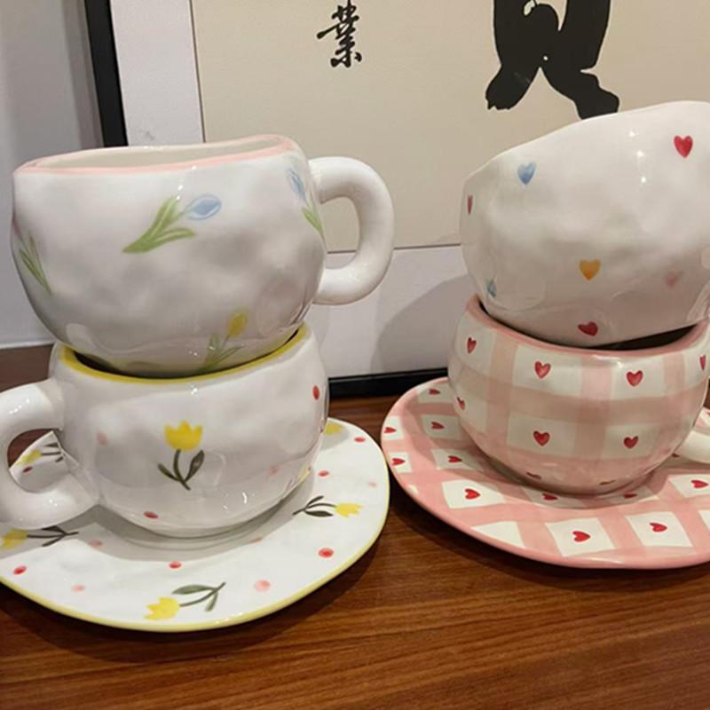 Korean Ins Style Hand-painted Love Ceramic Cup and Saucer Couple, Underglaze Color Irregular Coffee Cup and Saucer Afternoon Tea