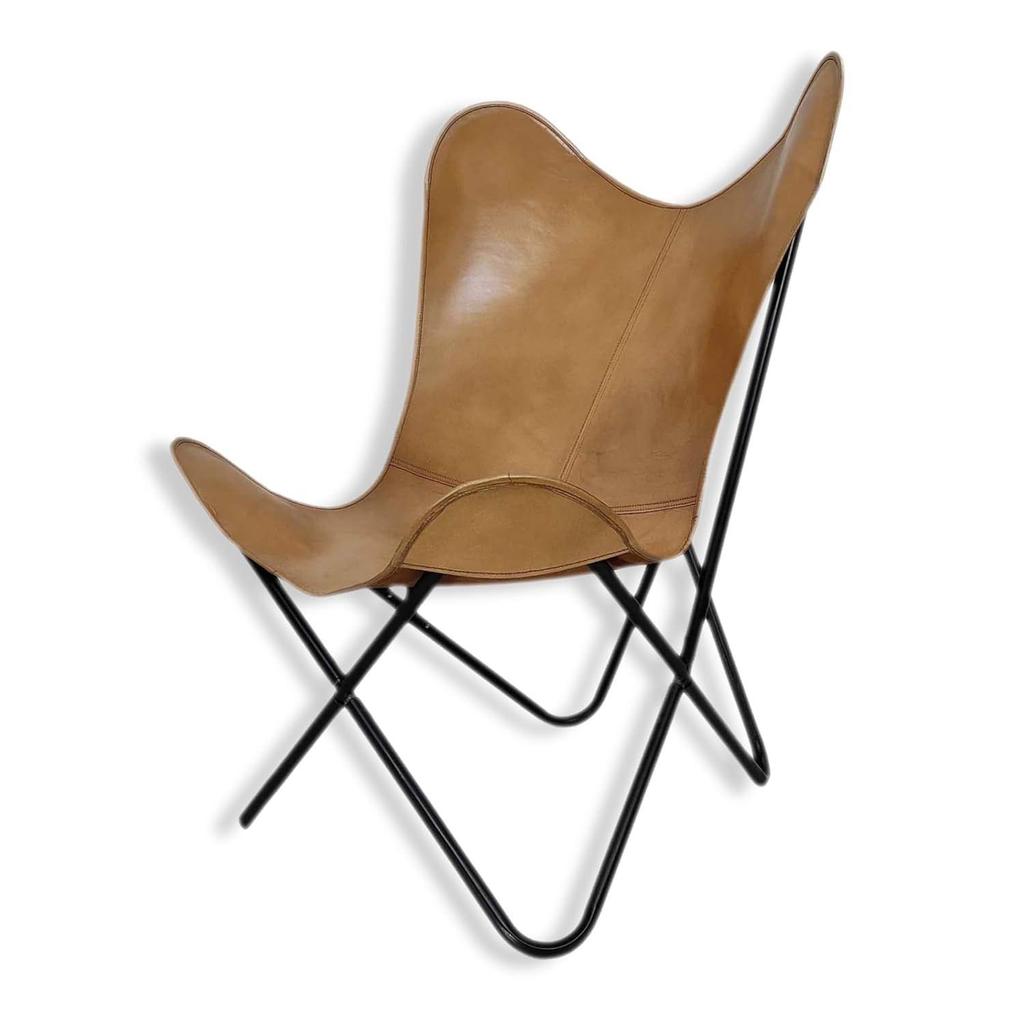 Camel Color Genuine Buff Leather Butterfly Chair - Comfortable Arm Rest Living Room Butterfly Chair – with Black Powder Coated Iron Stand
