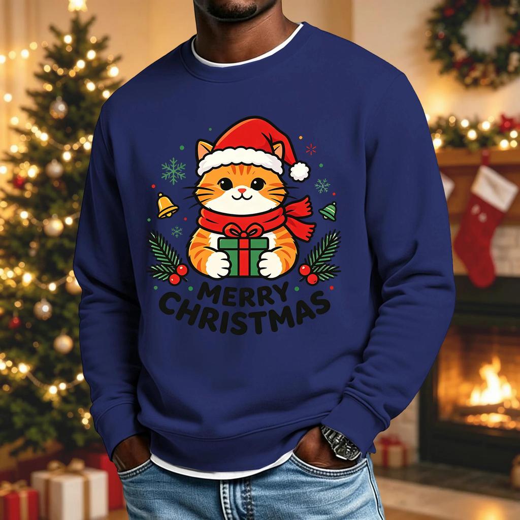 Men's Casual Long Sleeve Crewneck Top with Christmas Print for Holiday Celebrations