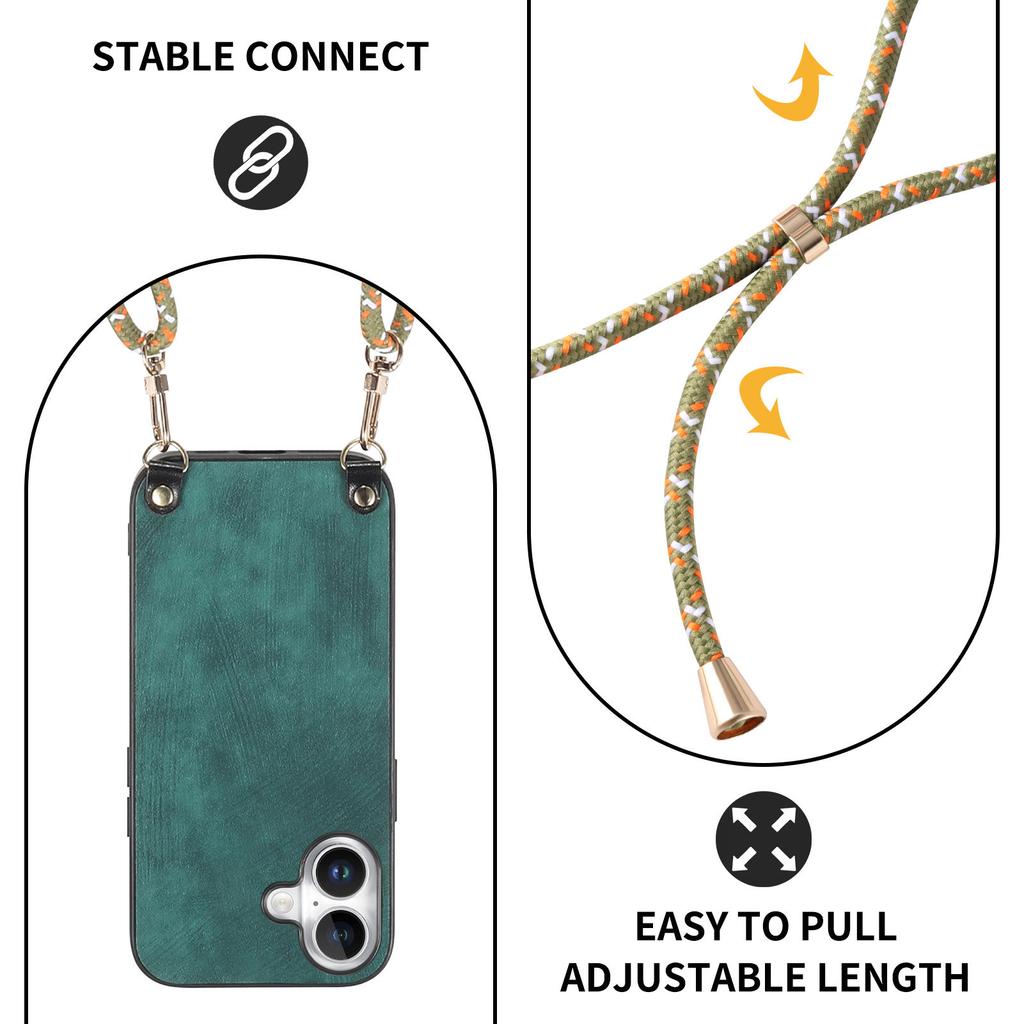 For iPhone 16 Plus Case Retro Texture Leather Coated PC+TPU Phone Cover with Hanging Rope