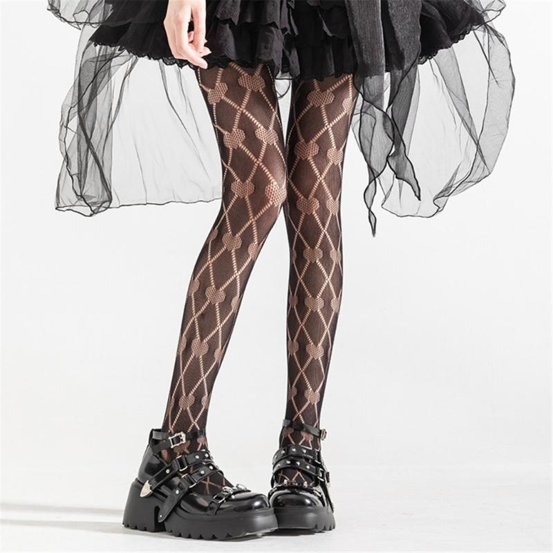 Women Sexy See Through Fishnet Pantyhose Stockings Japanese Harajuku Hollowed Heart Diamond Pattern Mesh Tights Leggings