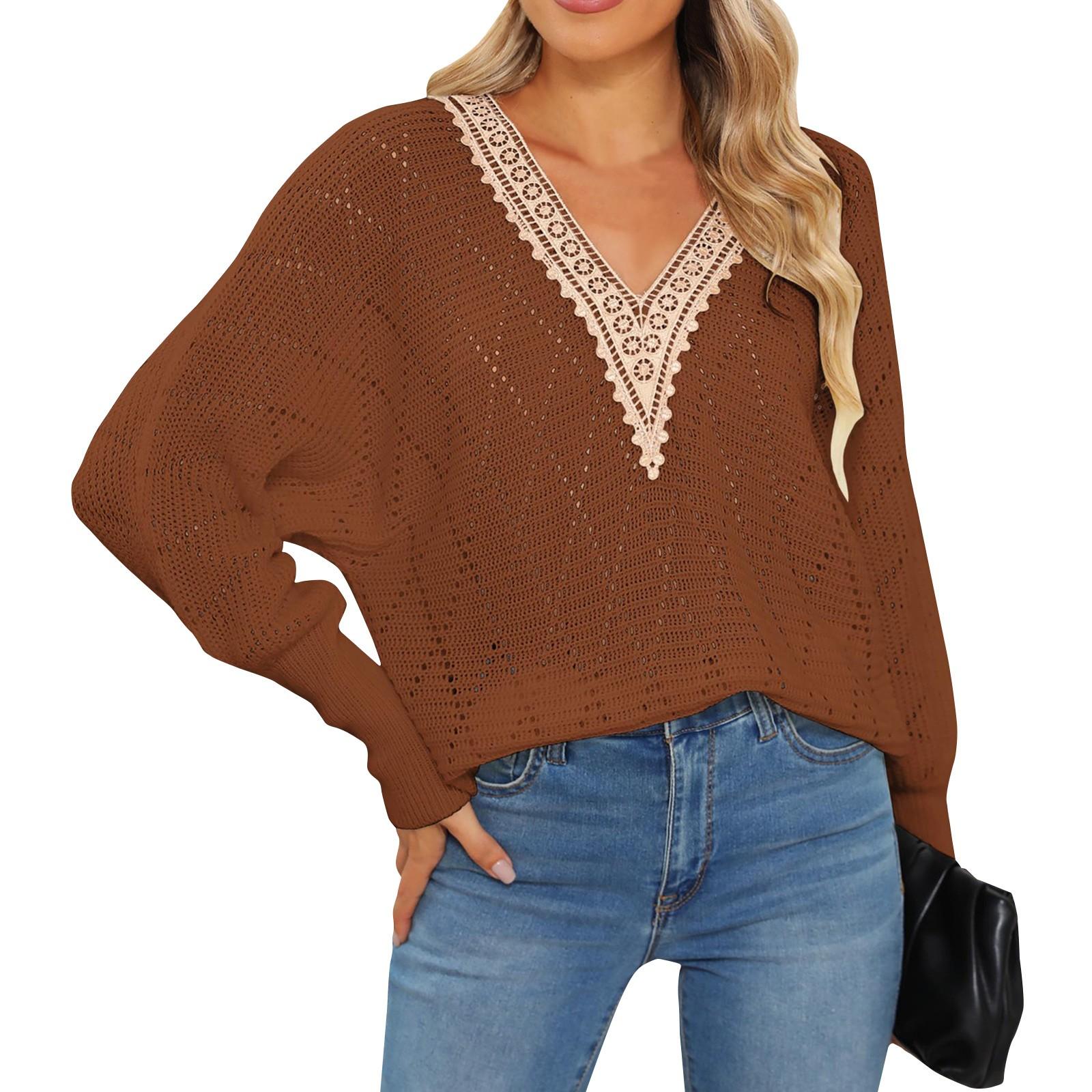 

Женский осенне-зимний полый тканый свитер, кружевной свитер с v-образным вырезом и рукавами L коричневый