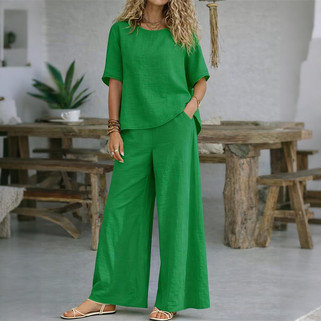 Women's Two Piece Casual Lounge Set Short Sleeve Loose Top Wide Leg Pants Lightweight Soft Fabric Comfortable Fit Summer Outfit