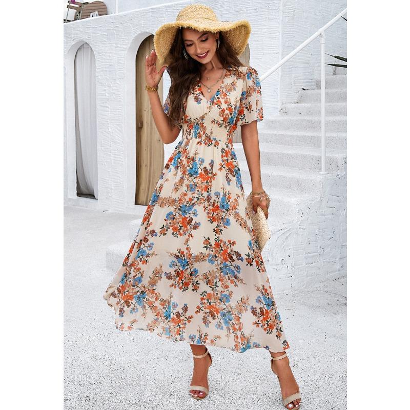 QICED Damen Mode Sommer Frühling V-Ausschnitt Kurzarm Freizeitkleider