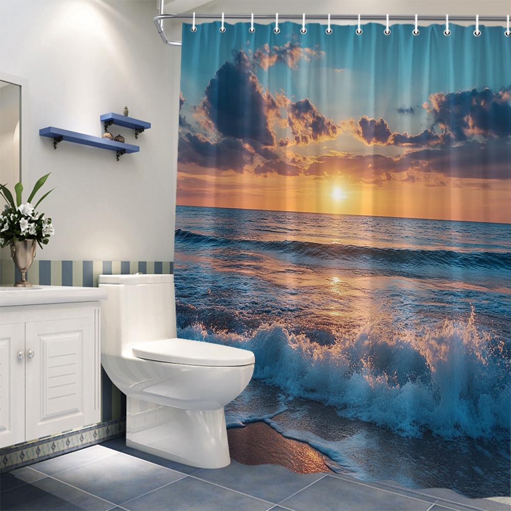 Tropical Sunset Beach Shower Curtain-Shoreline Print Including 12 Hooks-Ideal For Bathroom Decorative Shower Curtain