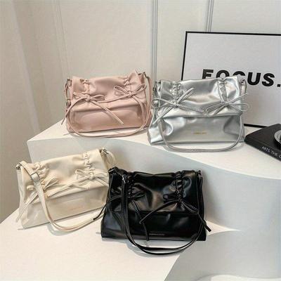 Women'S PU Leather Tote Bag Fashion Bow Shoulder Bag Leisure Soft Messenger Bag Summer Commuter Handbag With Crossbody Strap
