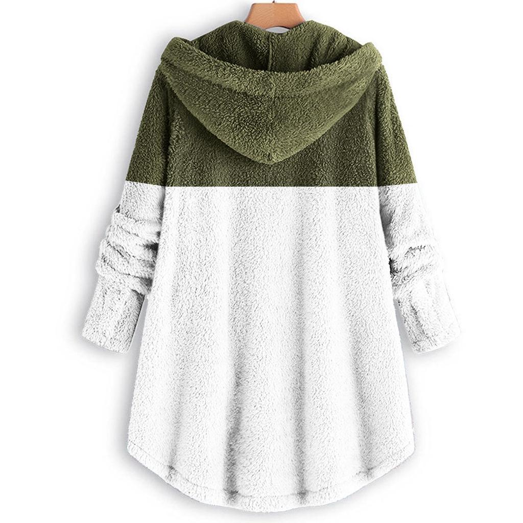 Women's Fashionable Patchwork Loose Hooded Plush Button Long Sleeved Loose Warm Jacket