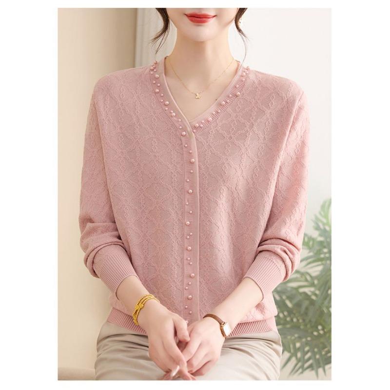 

Осенний женский трикотажный повседневный облегающий пуловер-свитер с бусинами, модный универсальный топ, скомбинированный однотонный XL розовый